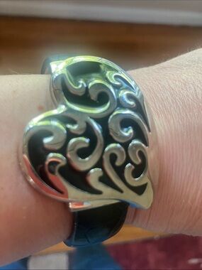 Silver and Black Heart Swirl Watch  Bracelet - Women Jewelry  Needs battery